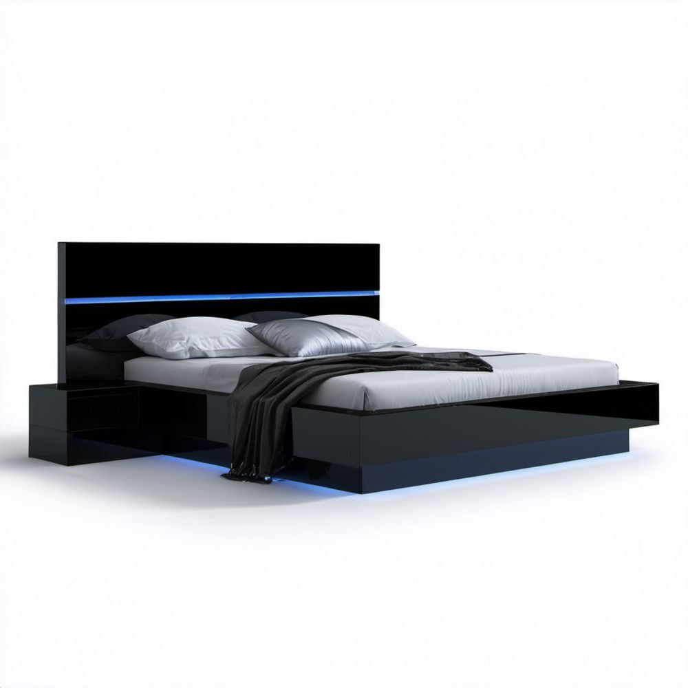 Czarne łóżko platformowe LED z płyty MDF ze zintegrowanym stolikiem nocnym, 180 × 200 cm