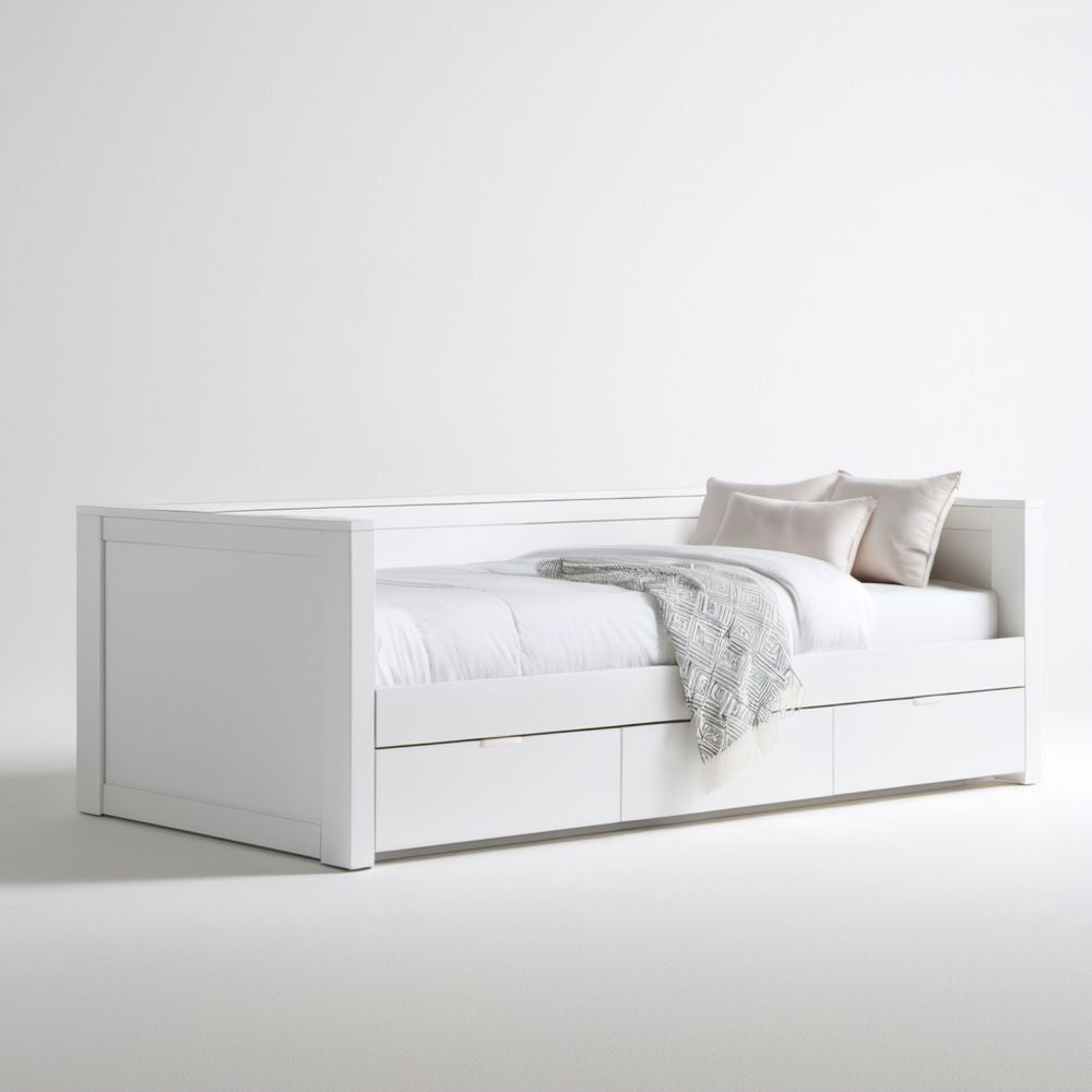 Białe łóżko pojedyncze z szufladami z płyty MDF 90 x 200 cm