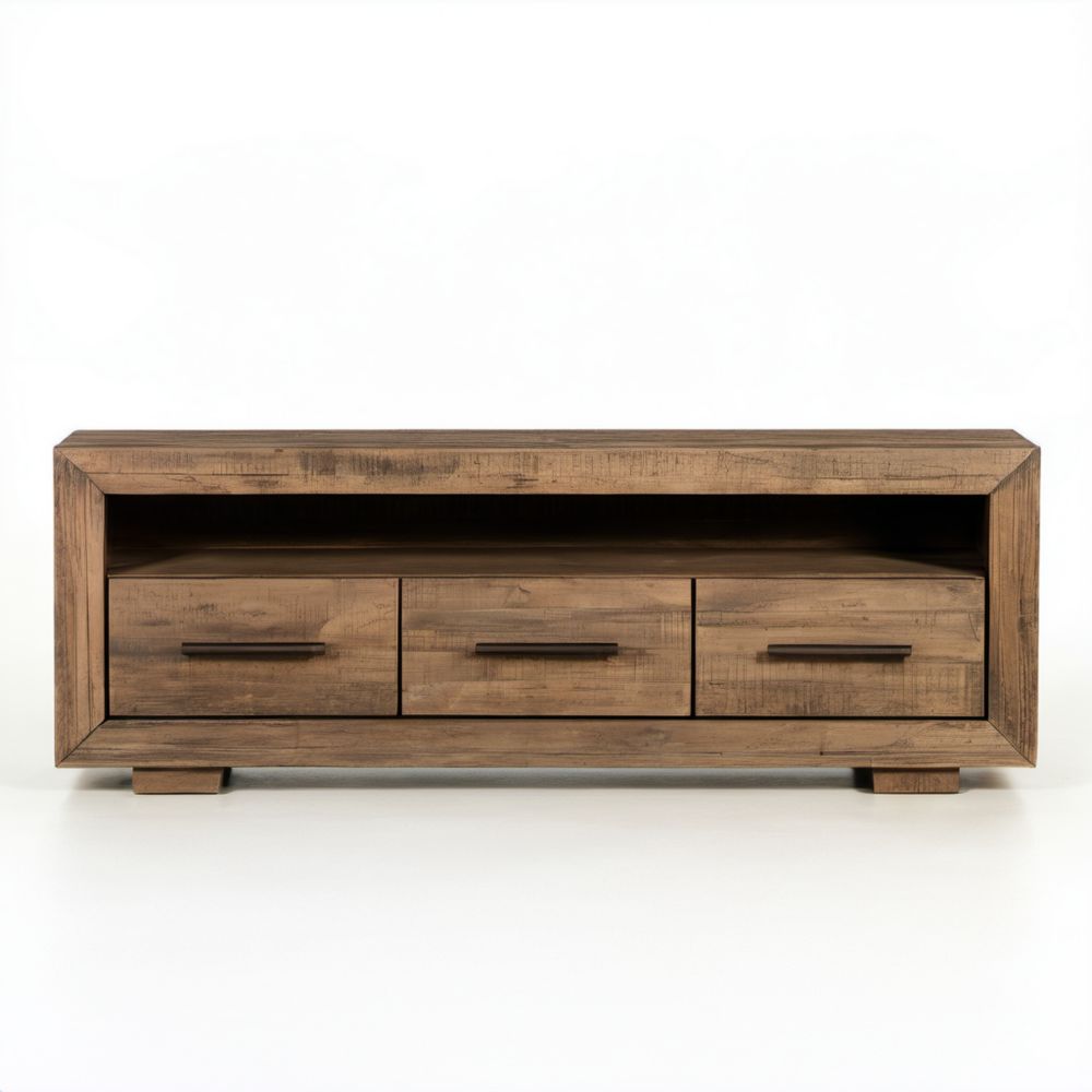 Brązowa szafka RTV z litego drewna 160 x 40 x 55 cm, 3 szuflady