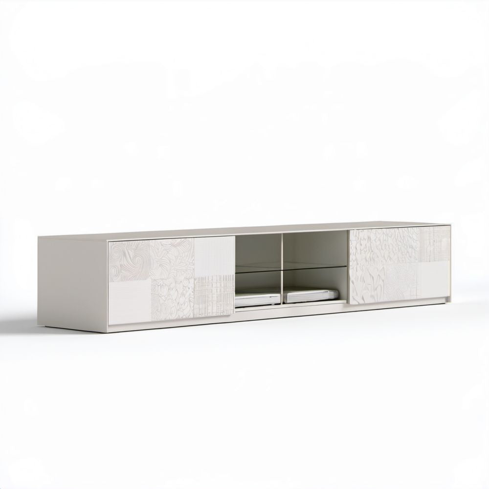 Biała szafka RTV z płyty MDF i szkła hartowanego 180 x 40 x 45 cm